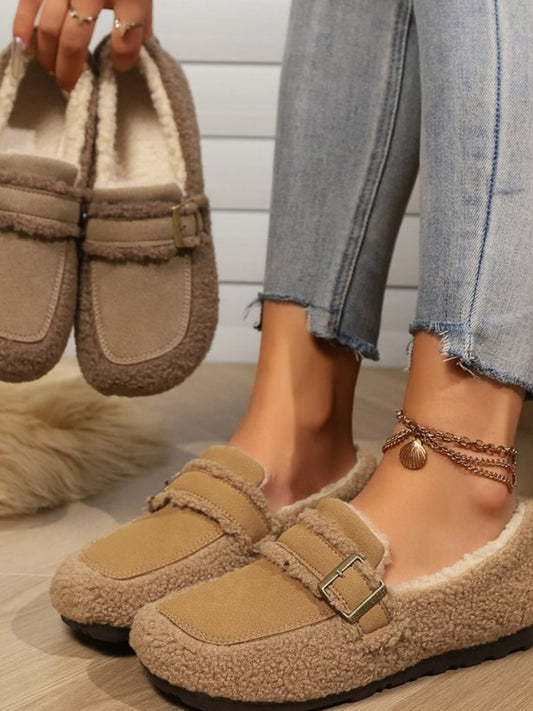 Fuzzy Buckle Flat Slip-Ons