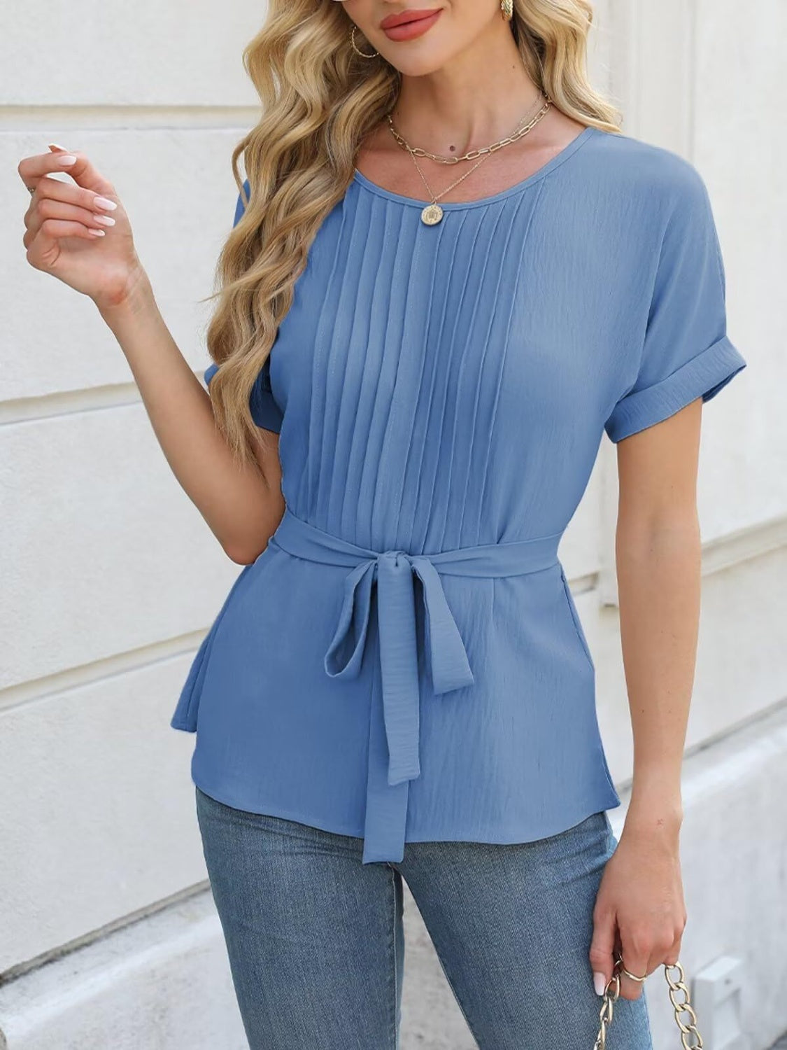 Tied Pleated Round Neck Short Sleeve Top