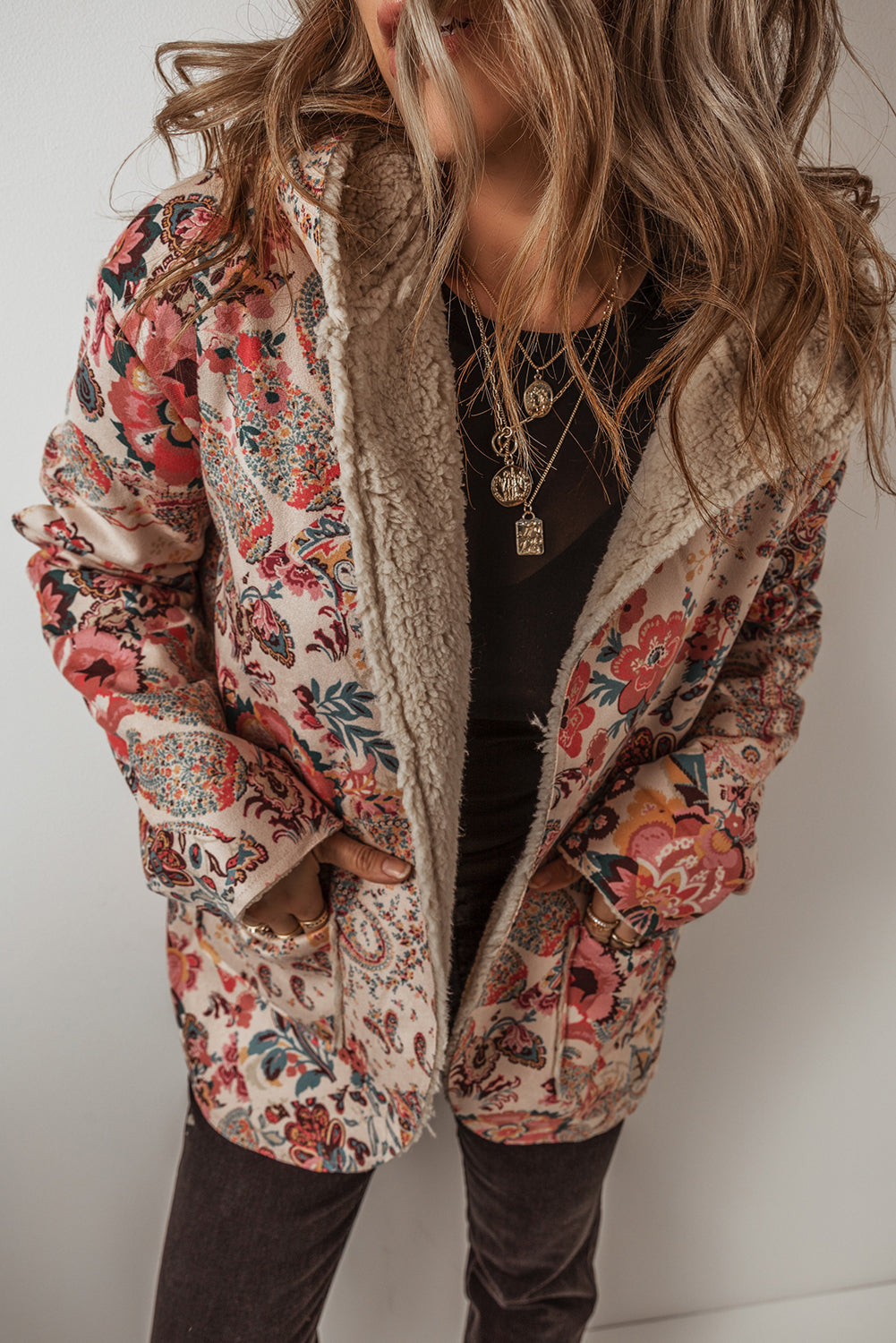 Beige Vintage Paisley Floral Printed Sherpa Lined Hooded Jacket